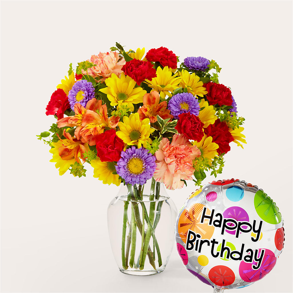 Kaleidoscope Bouquet with Birthday Balloon – FLORAL CREATIONS & GIFTS, Weslaco TX