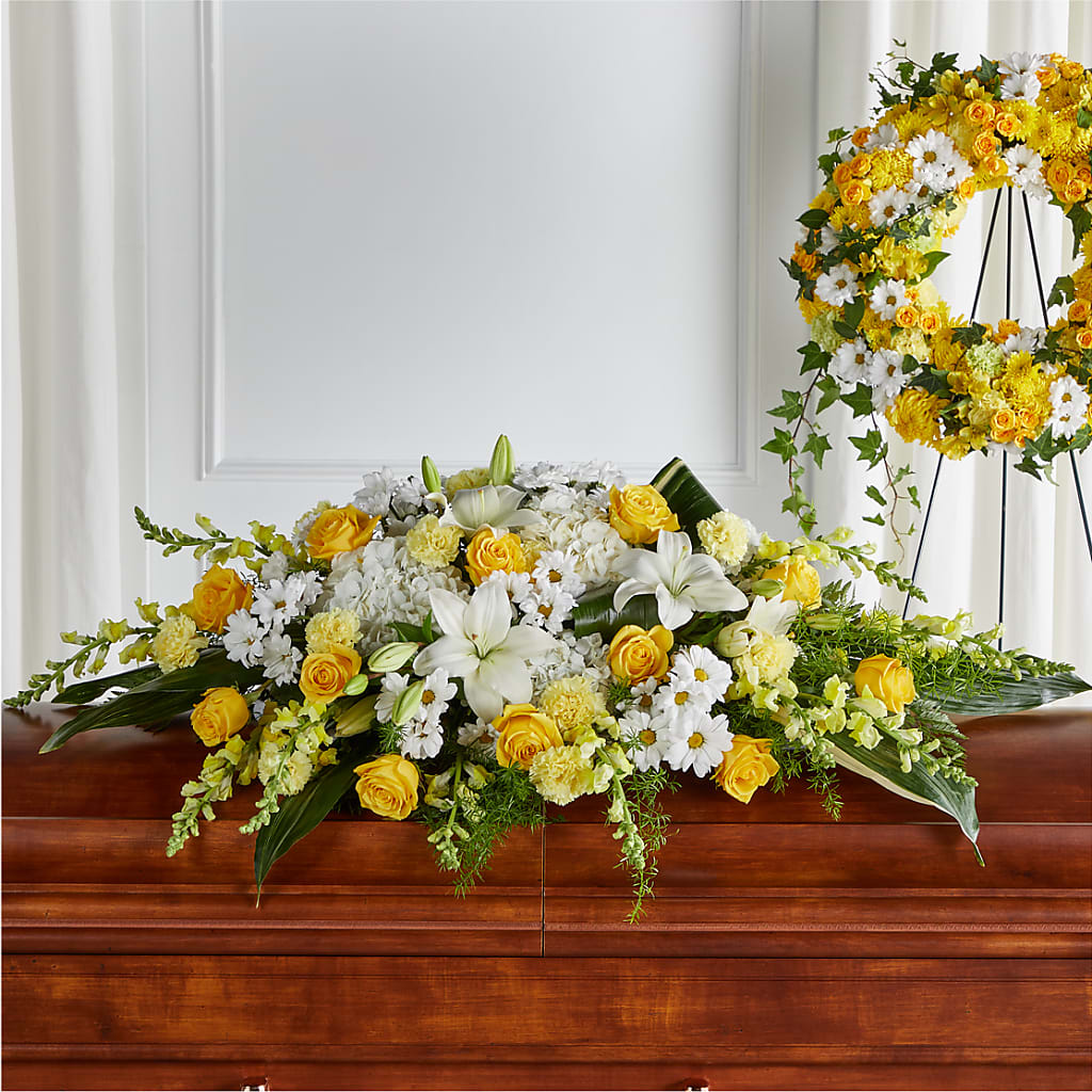 Golden Harmony Casket Spray – FLORAL CREATIONS & GIFTS, Weslaco TX