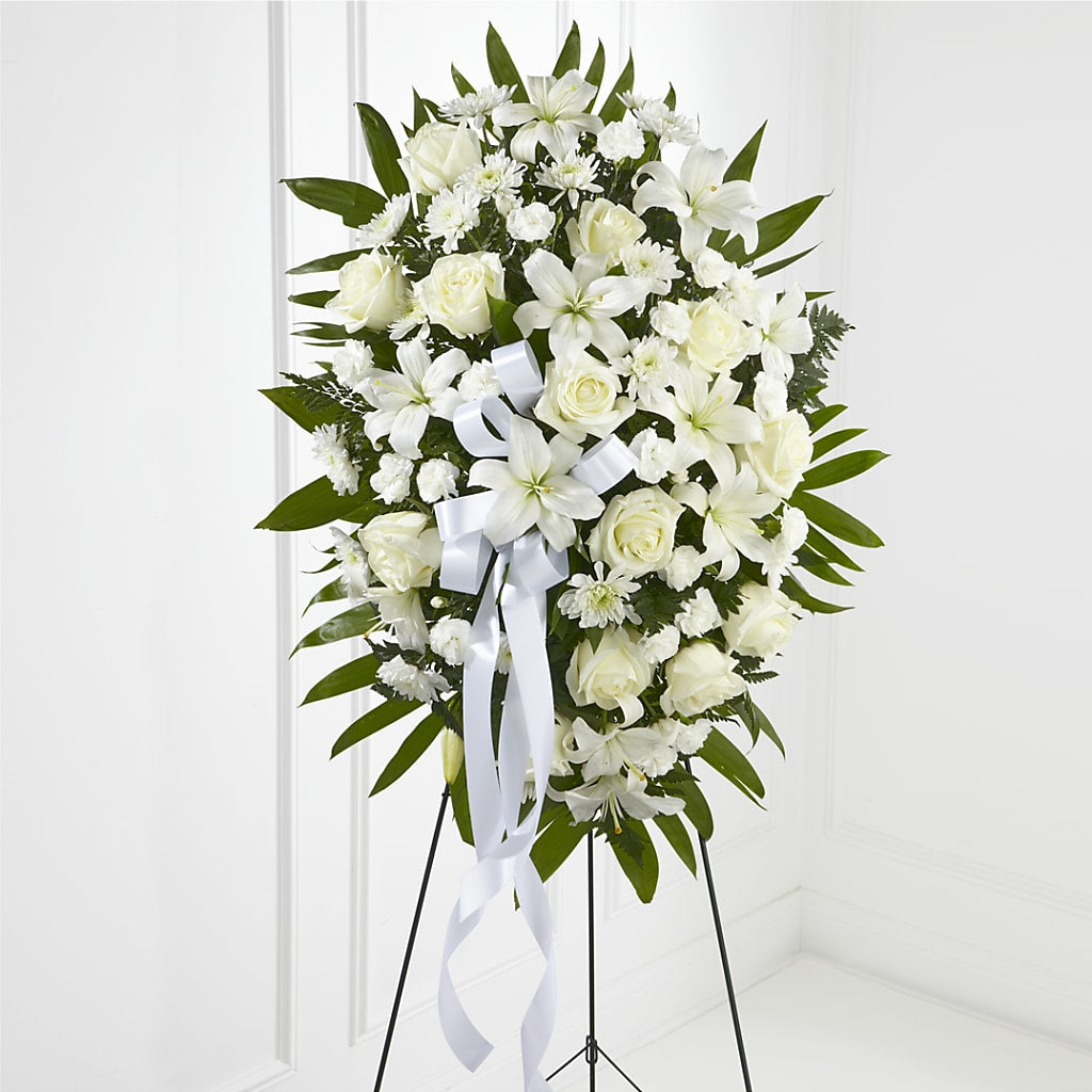Exquisite Tribute Standing Spray-White Ribbon – FLORAL CREATIONS & GIFTS, Weslaco TX